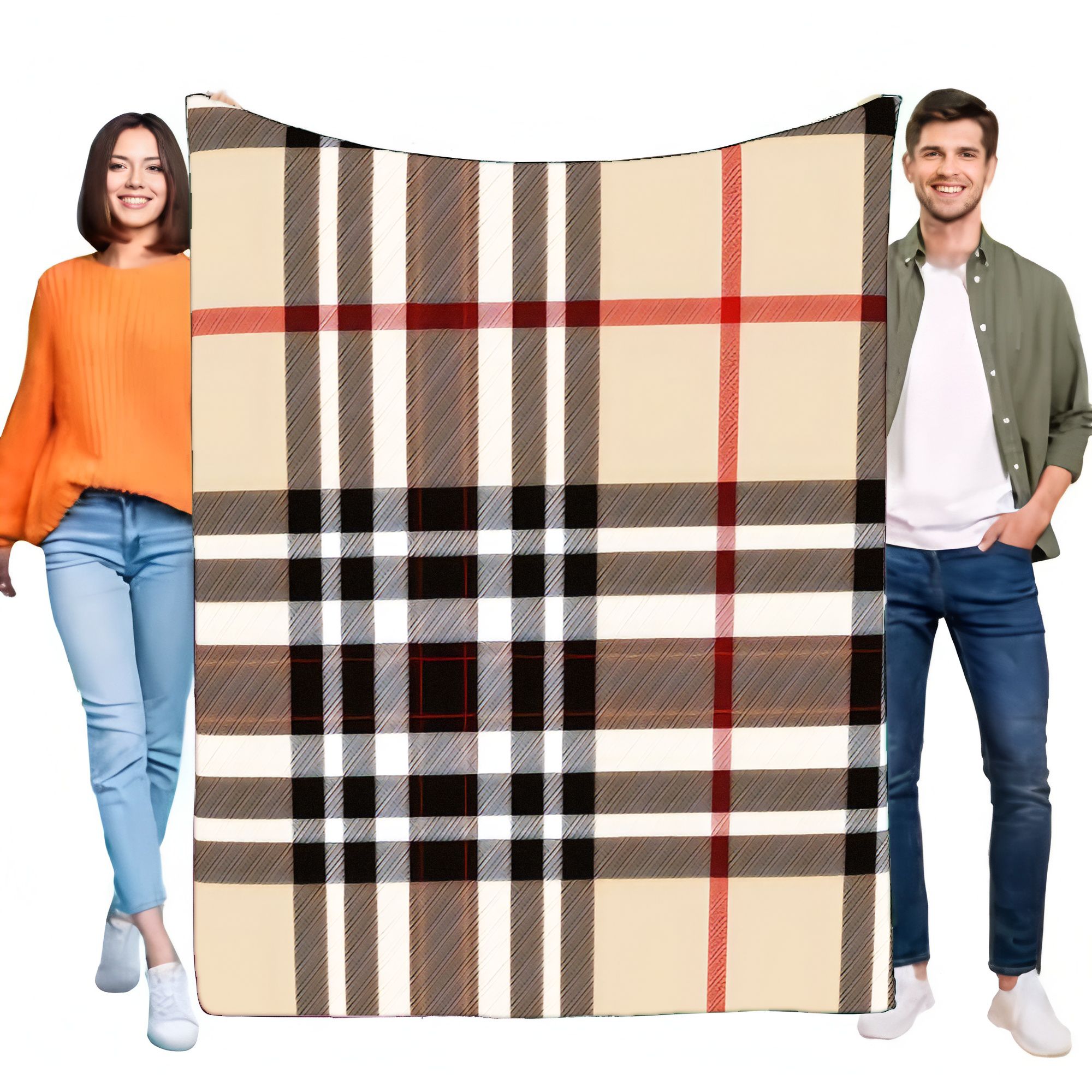 Cashmere Throw Blanket - Classic Plaid Blanket with Beige Base,